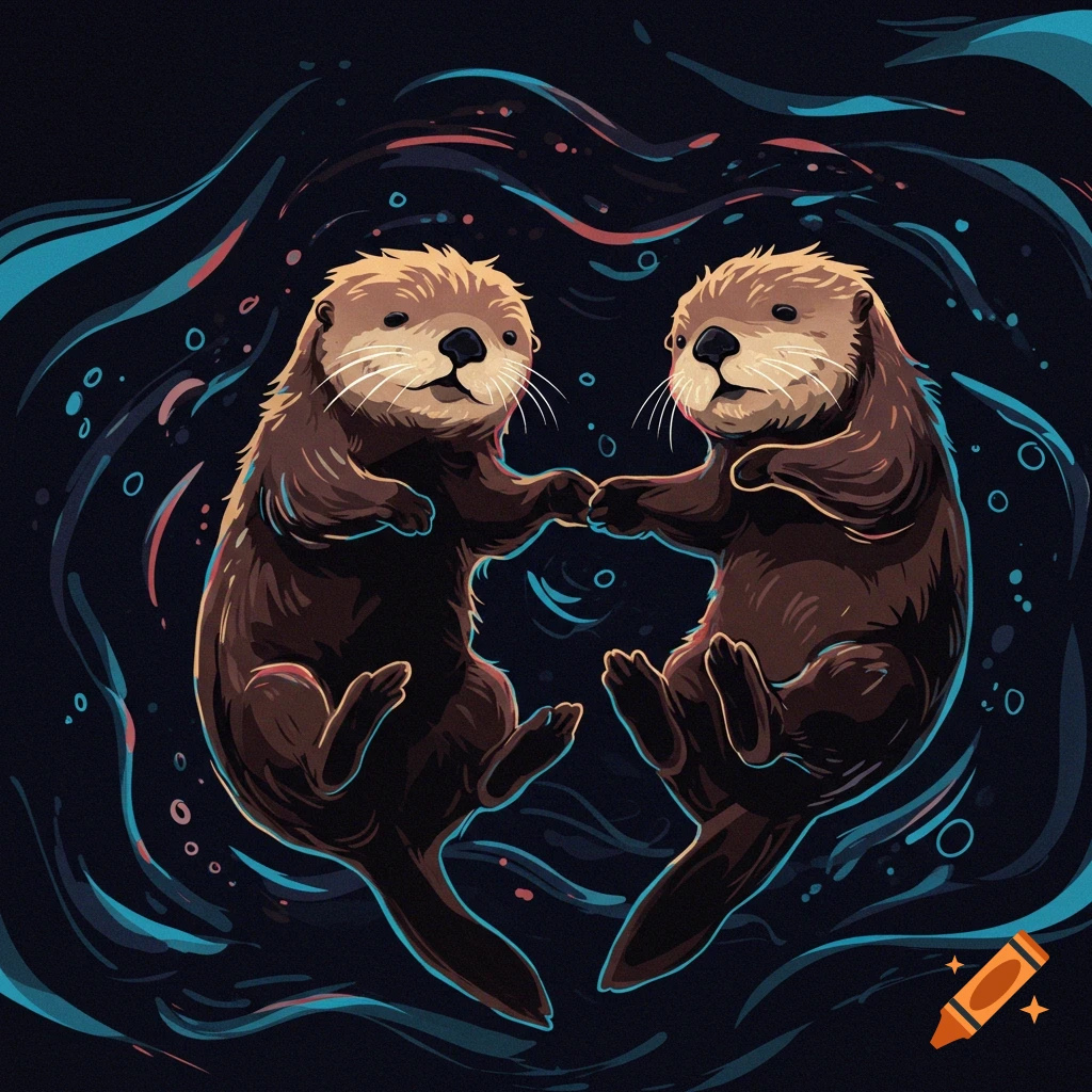 Two cartoon otters hold hands while floating in dark water with abstract splashes.