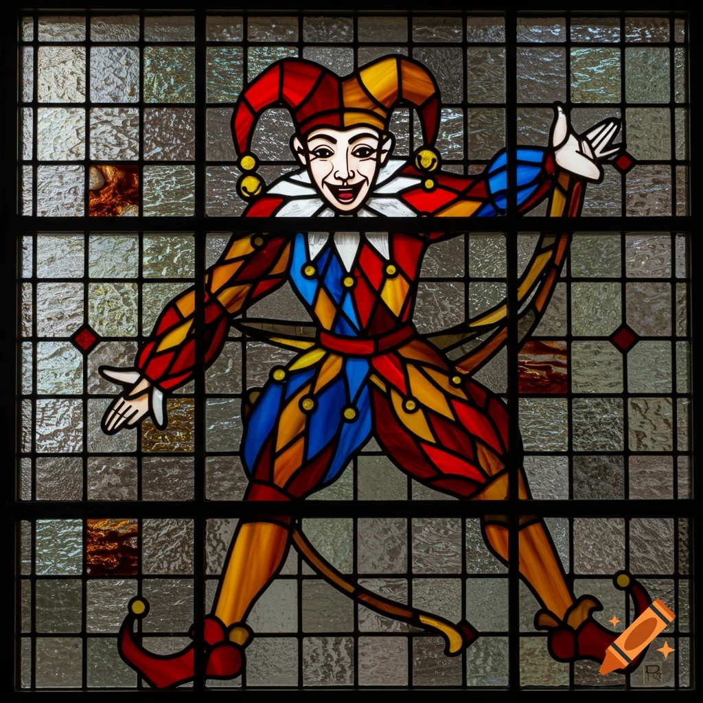 Stained glass window depicting a colorful jester