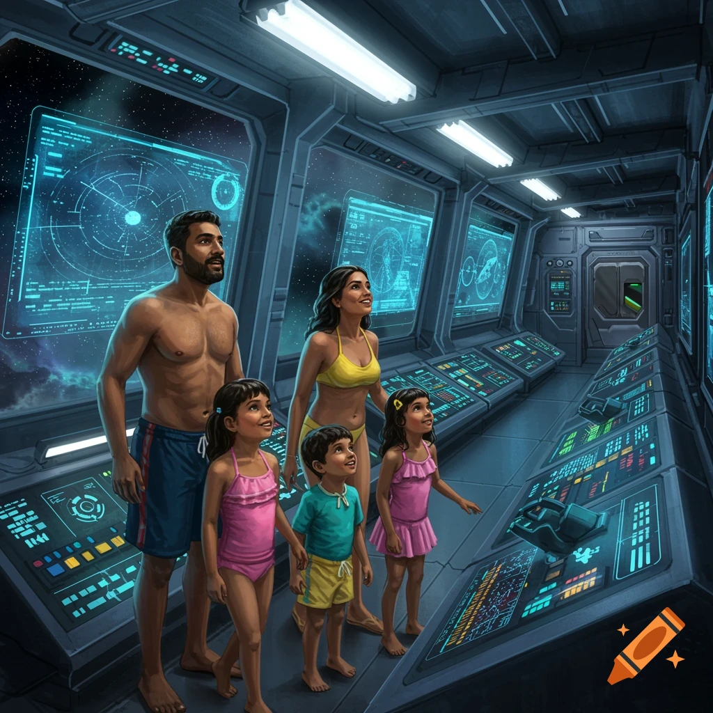 Family in swimwear on a spaceship command deck looking at futuristic screens.