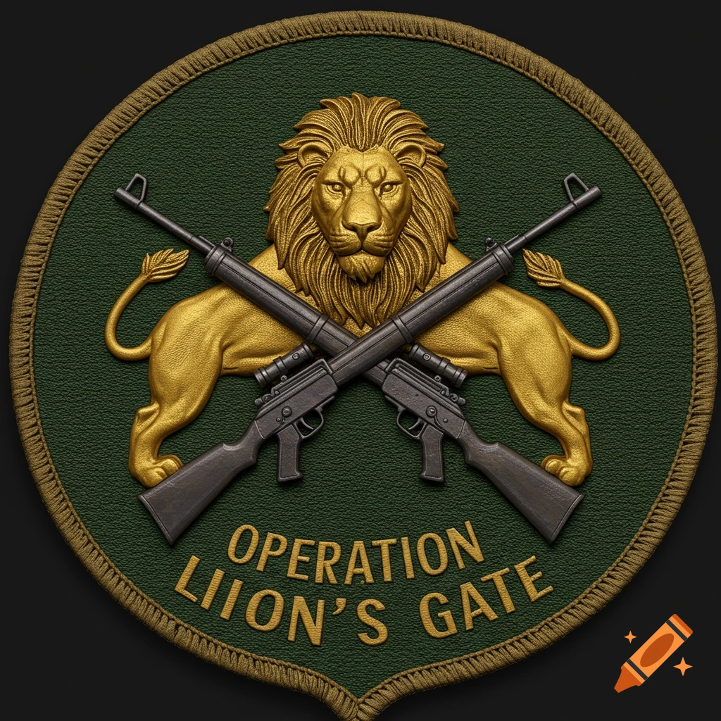 A military-style patch featuring a golden lion and crossed rifles on a green background with the text 'OPERATION LIIION'S GATE'.
