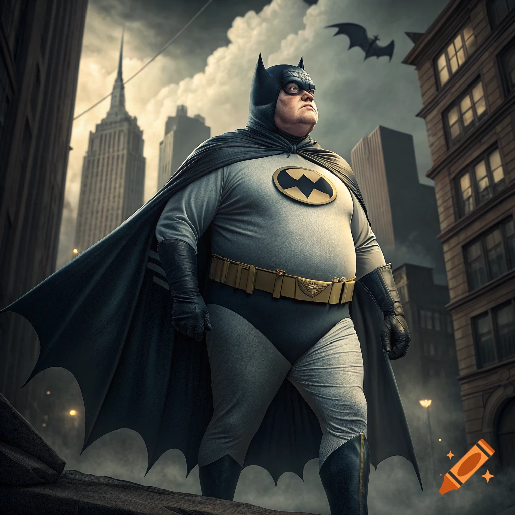 A pudgy man in an Adam West-style Batman suit stands in a city street, looking heroic.