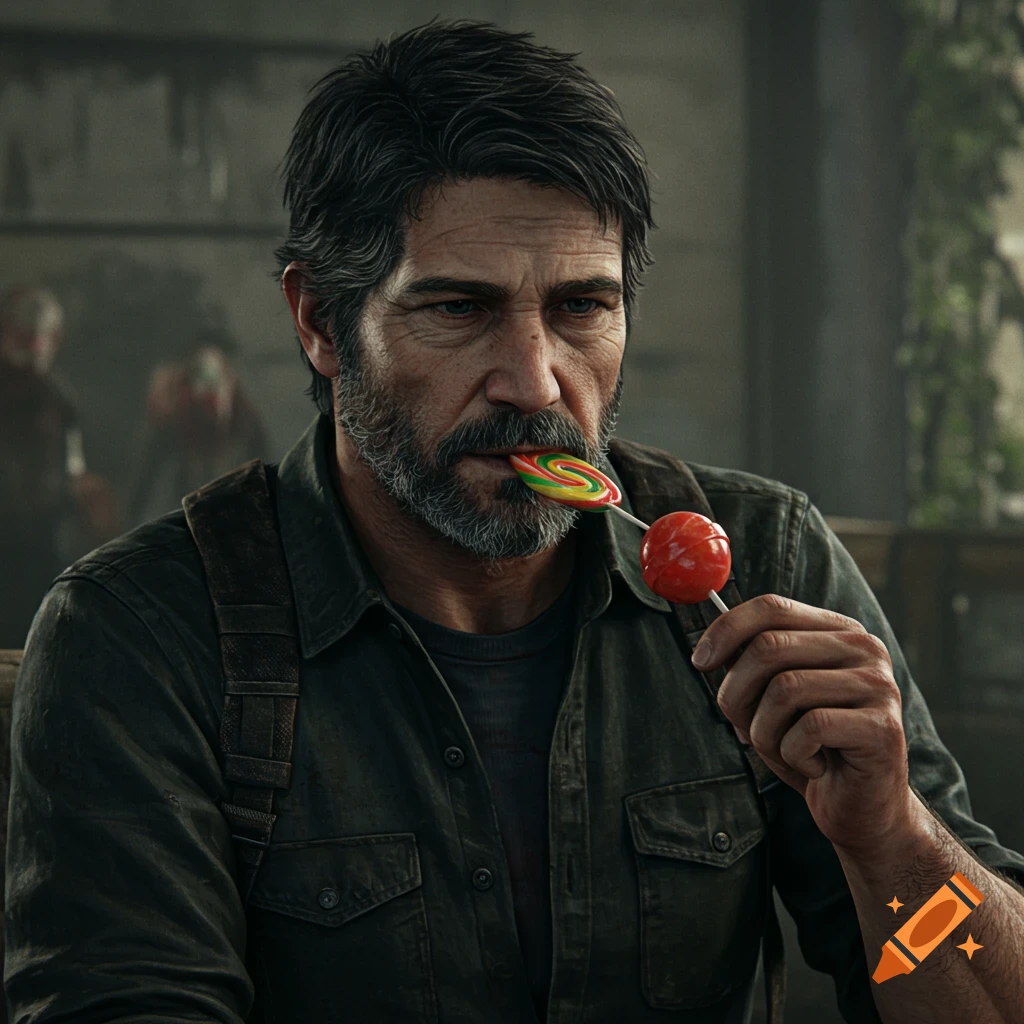 A man resembling Joel Miller from The Last of Us eats a colorful lollipop.