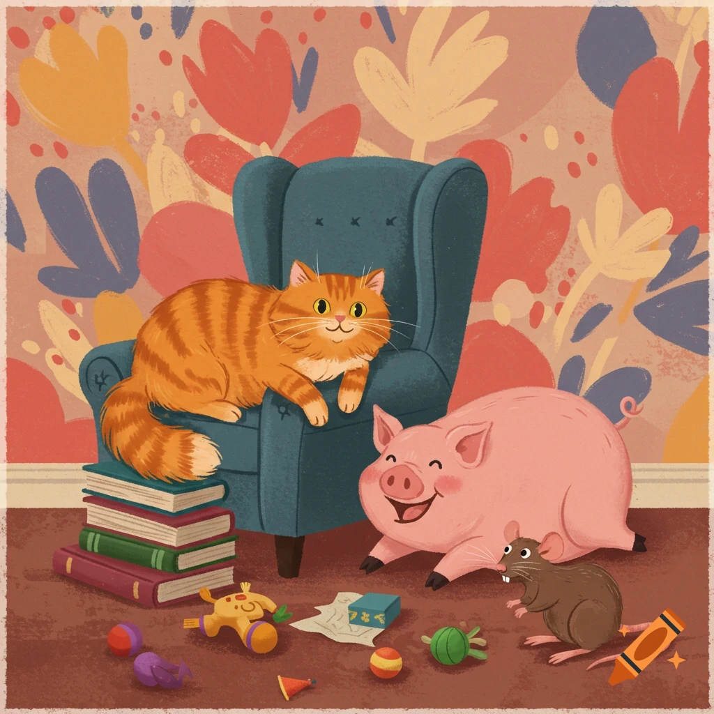 An orange cat sits on a blue chair, which is on a stack of books, a pink pig, and a brown rat. The cat is surrounded by toys.