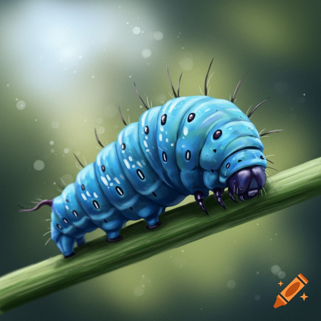A large blue caterpillar on a green stem.