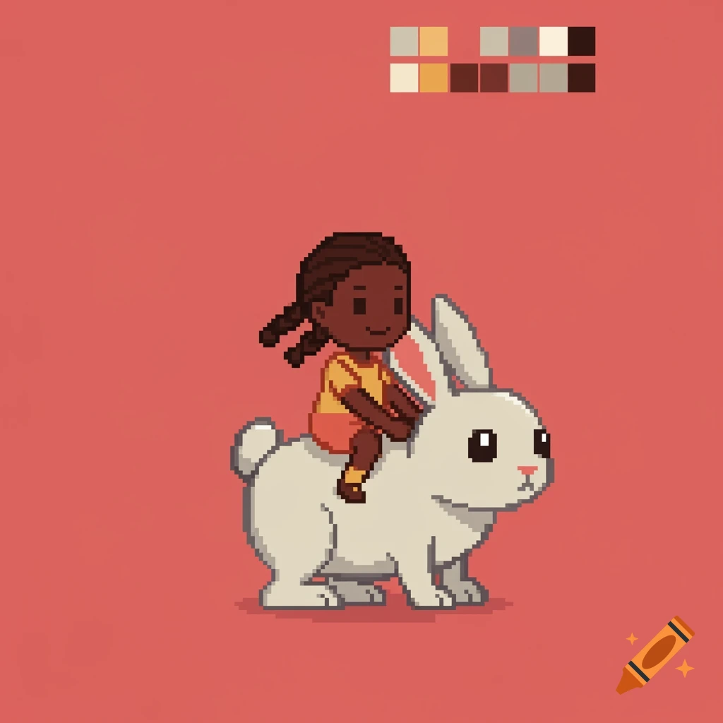 Pixel art illustration of a cartoon girl with braids riding a large white rabbit.