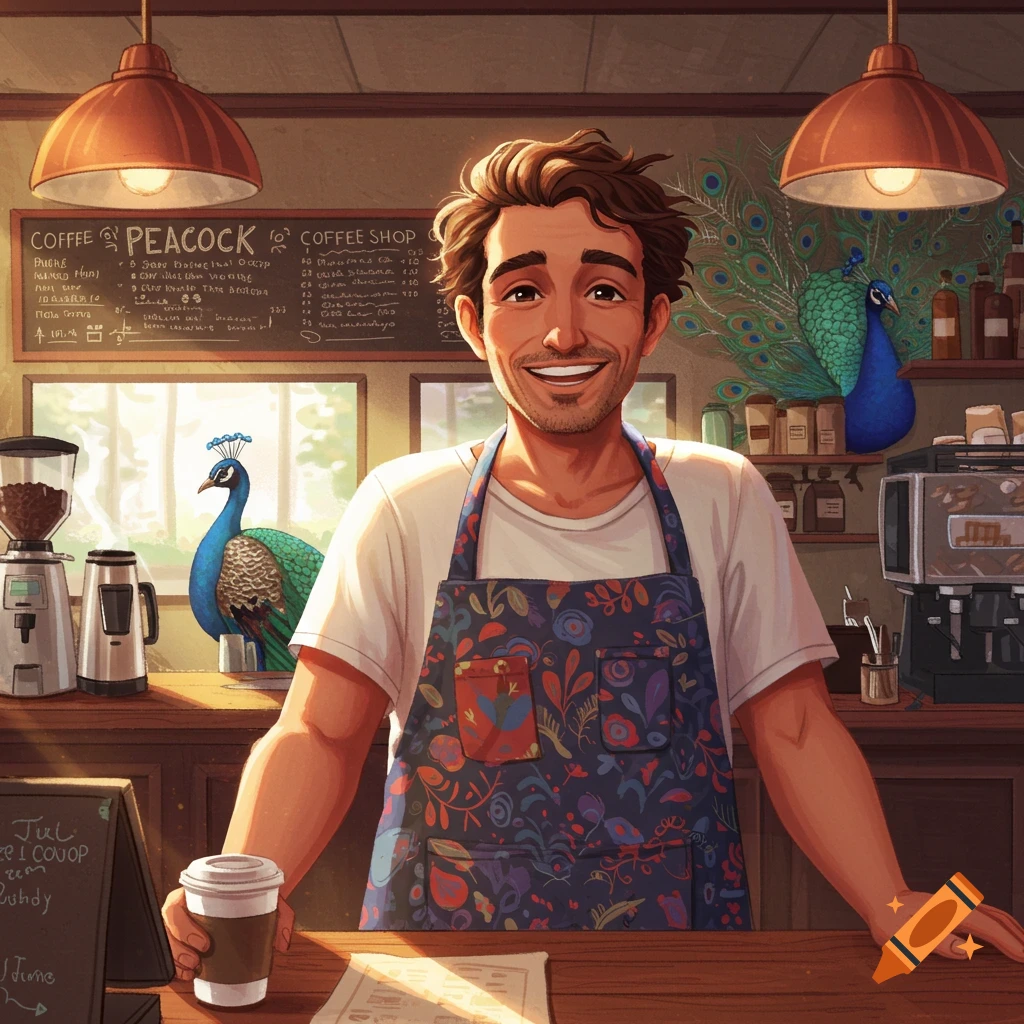 A man in a floral apron is behind a coffee shop counter with two peacocks.