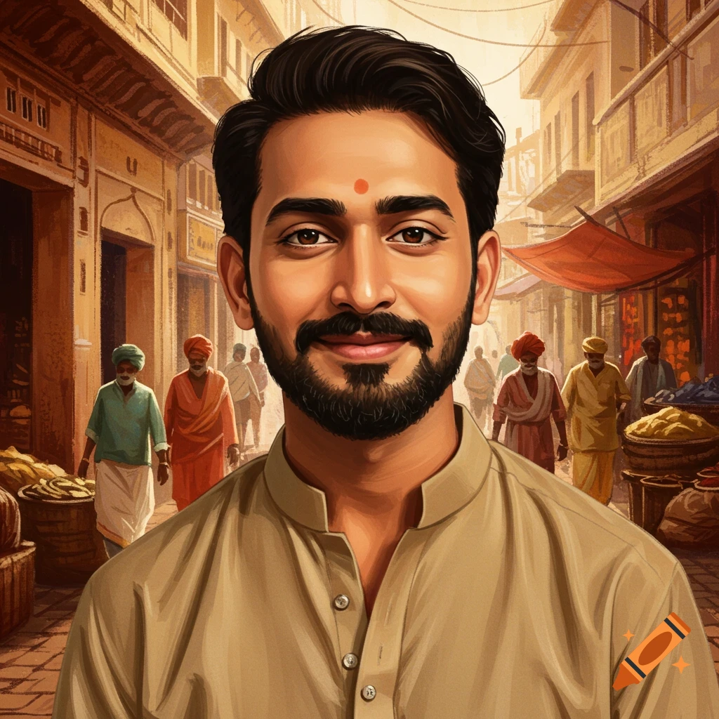 An Indian man smiles in a bustling market street.