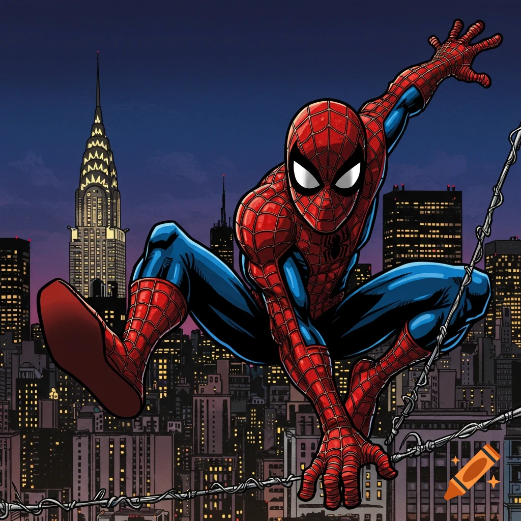 Comic art illustration of Spider-Man crouching on a web line over a city at night.
