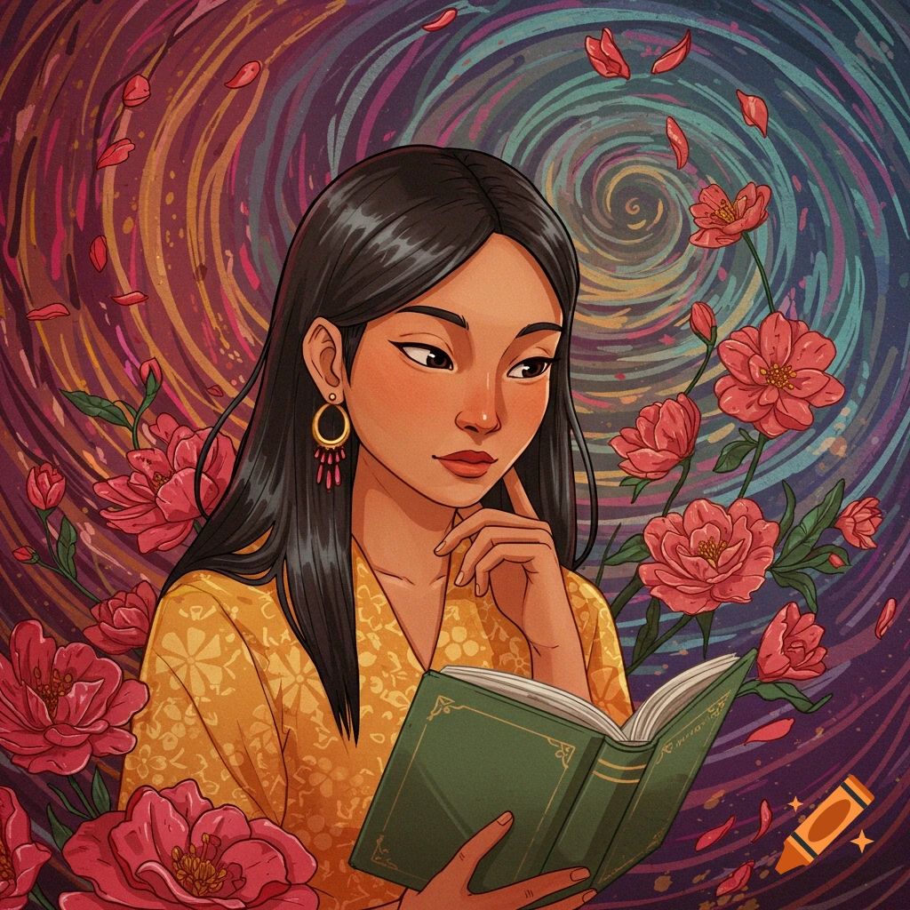 A woman reading a book, surrounded by pink flowers against a colorful, swirling background.
