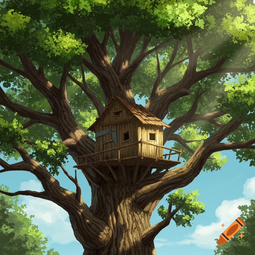 Rustic wooden treehouse built high in the branches of a large, ancient tree.