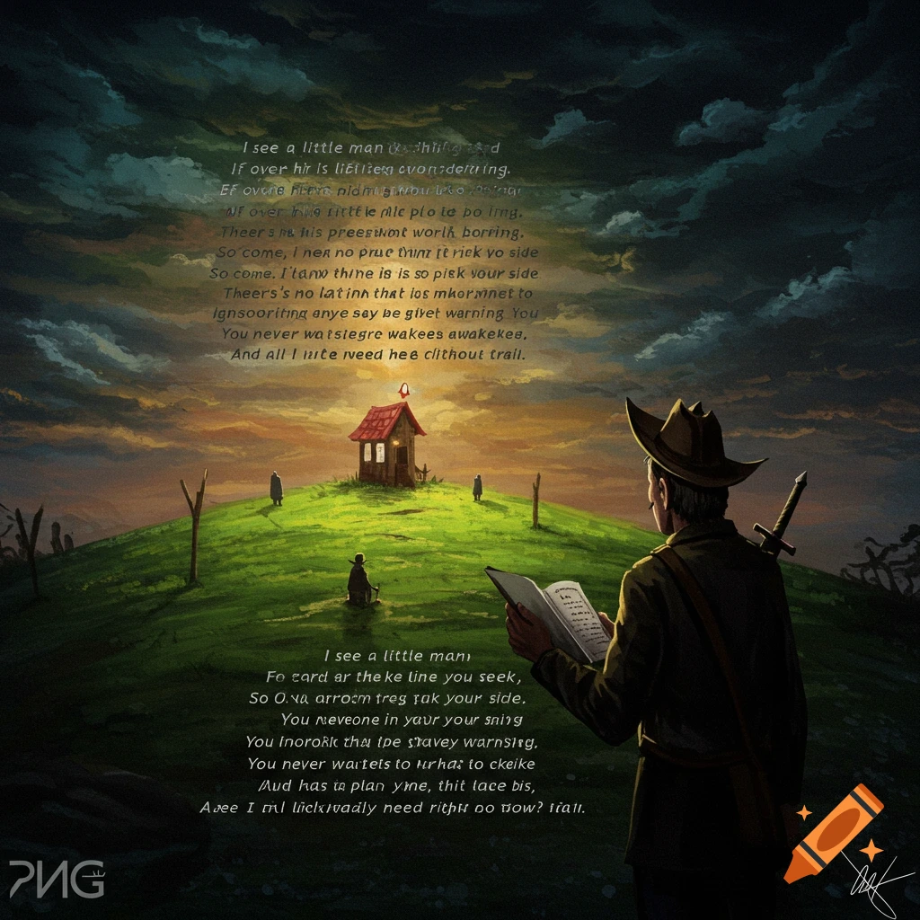 A man reading on a grassy hill with a small house under a dramatic sky.