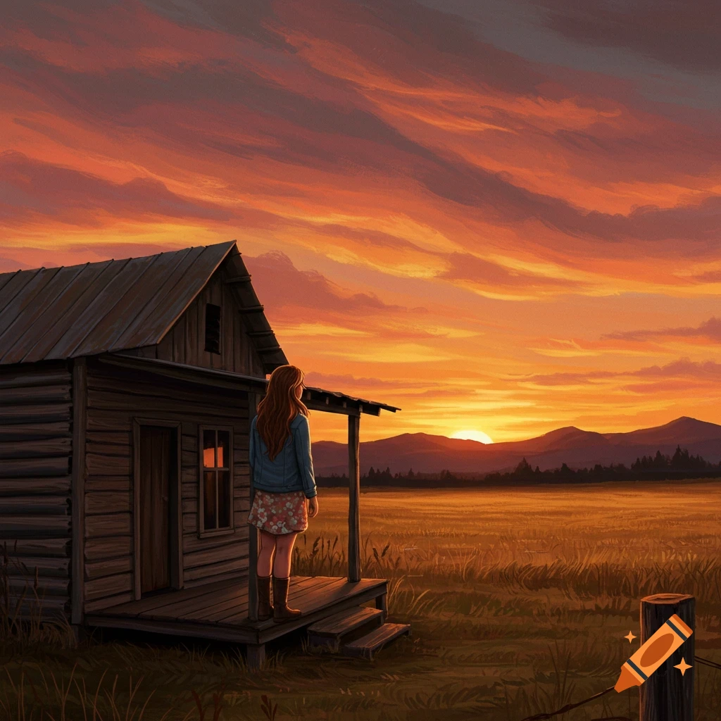 A person standing on a cabin porch, looking at a vibrant sunset over a field and mountains.