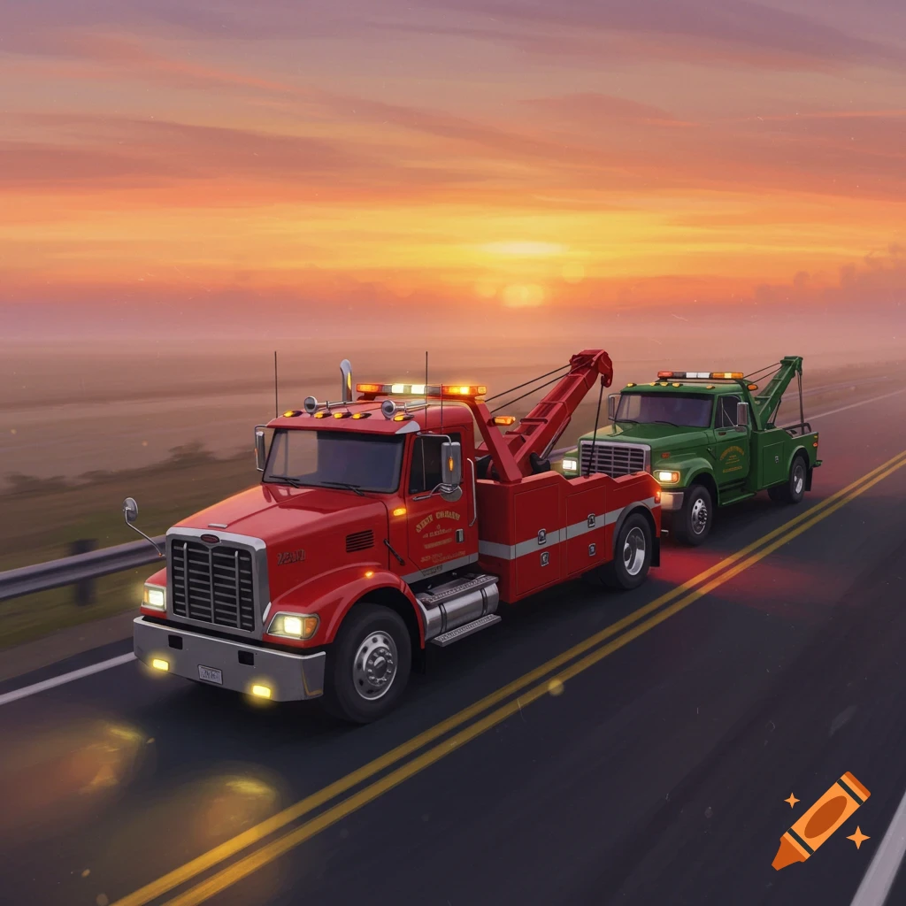 Red and green tow trucks driving on a road at sunset.