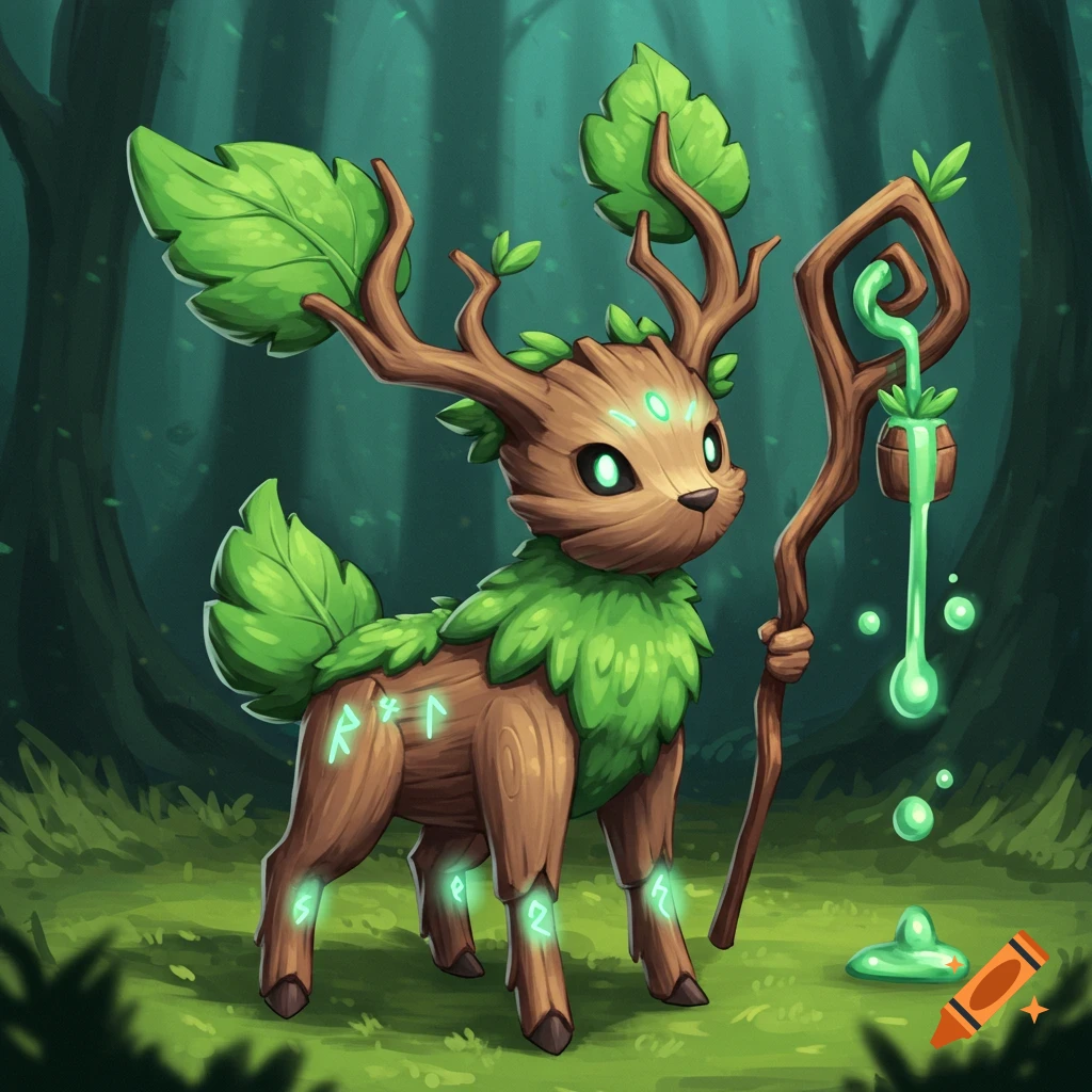 A small deer-like fantasy creature made of wood and leaves stands in a forest, holding a glowing staff.
