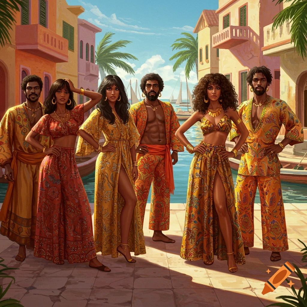 Fashionable men and women in colorful clothing pose in a tropical coastal town.