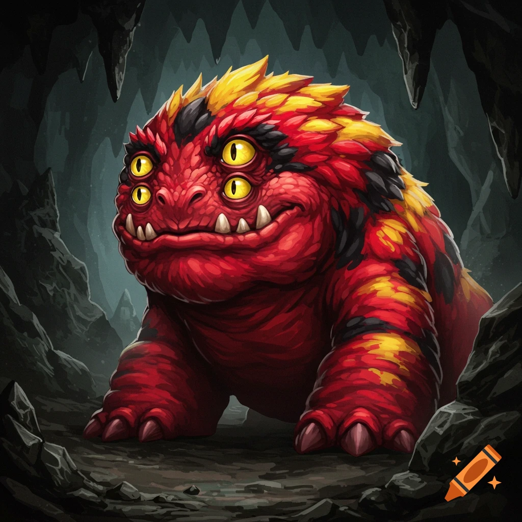A fearsome but happy four-eyed red, black, and yellow monster with sharp teeth sits in a dark cave.