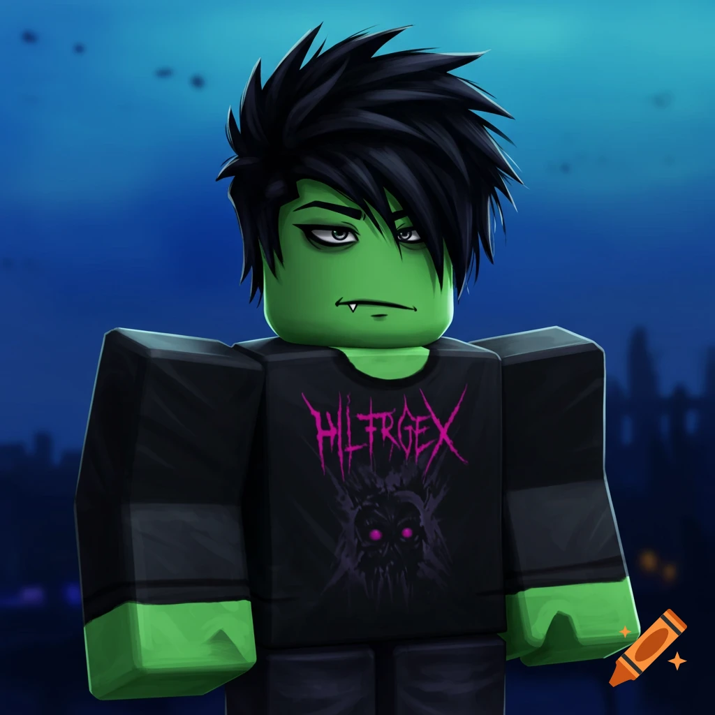 Image of a green Roblox emo boy avatar wearing a black shirt with text and a skull design.