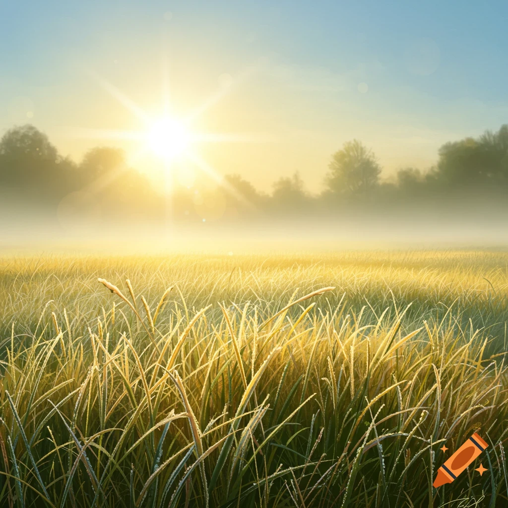 A foggy meadow at sunrise with sun rays highlighting frosted grass.