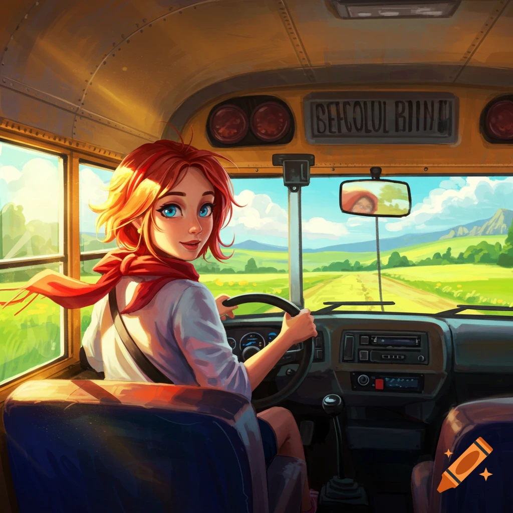 A young woman with red hair drives a school bus through a sunny landscape.
