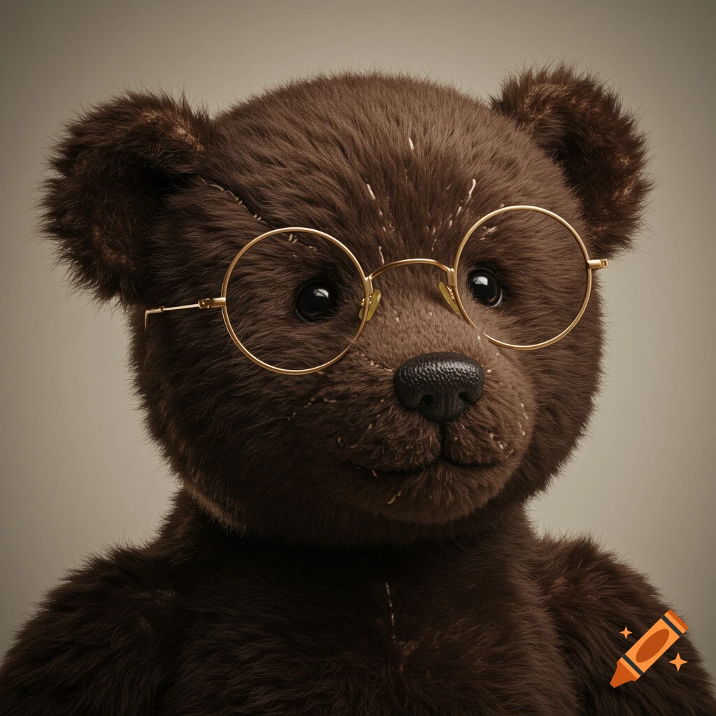 A photorealistic close-up portrait of a brown teddy bear wearing round gold-rimmed glasses.