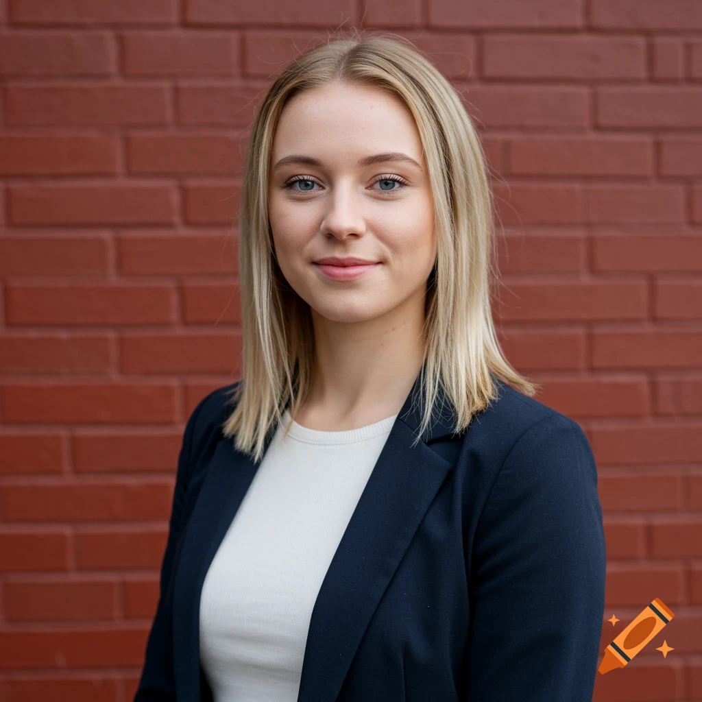 A young woman in a dark blazer stands in front of a red brick wall.