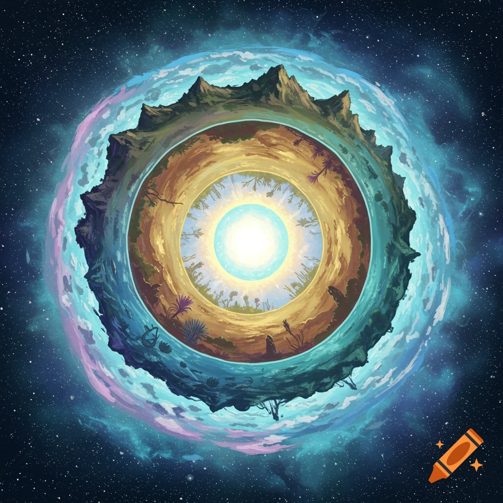 A layered fantasy world in space with mountains, desert, and forest environments stacked circularly.