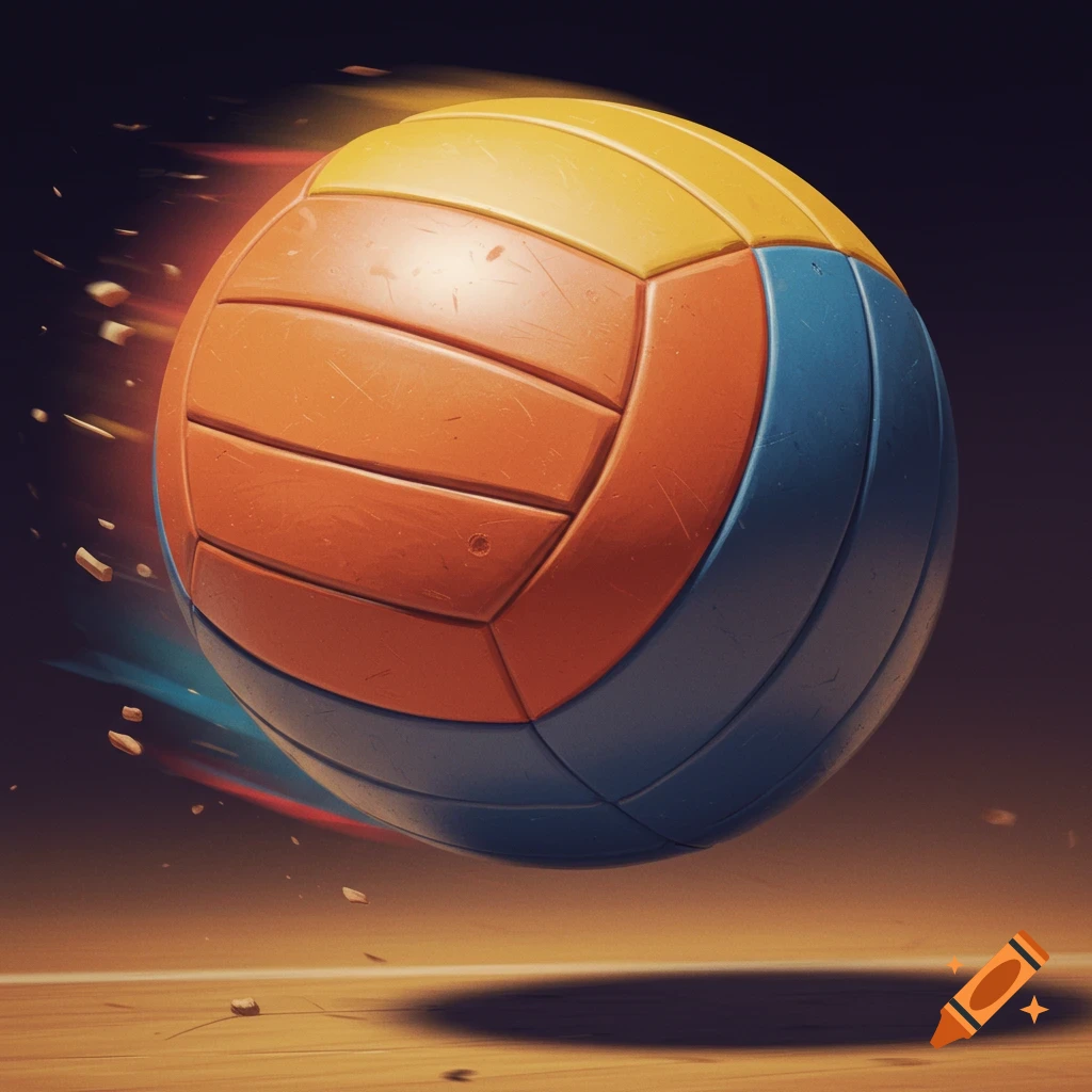 Close-up of a flying volleyball over a wooden floor with motion blur and debris.