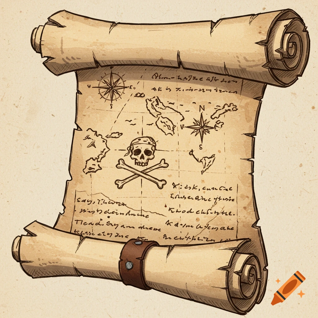 Sketch illustration of an old pirate scroll map with a skull and crossbones, islands, and compass roses.