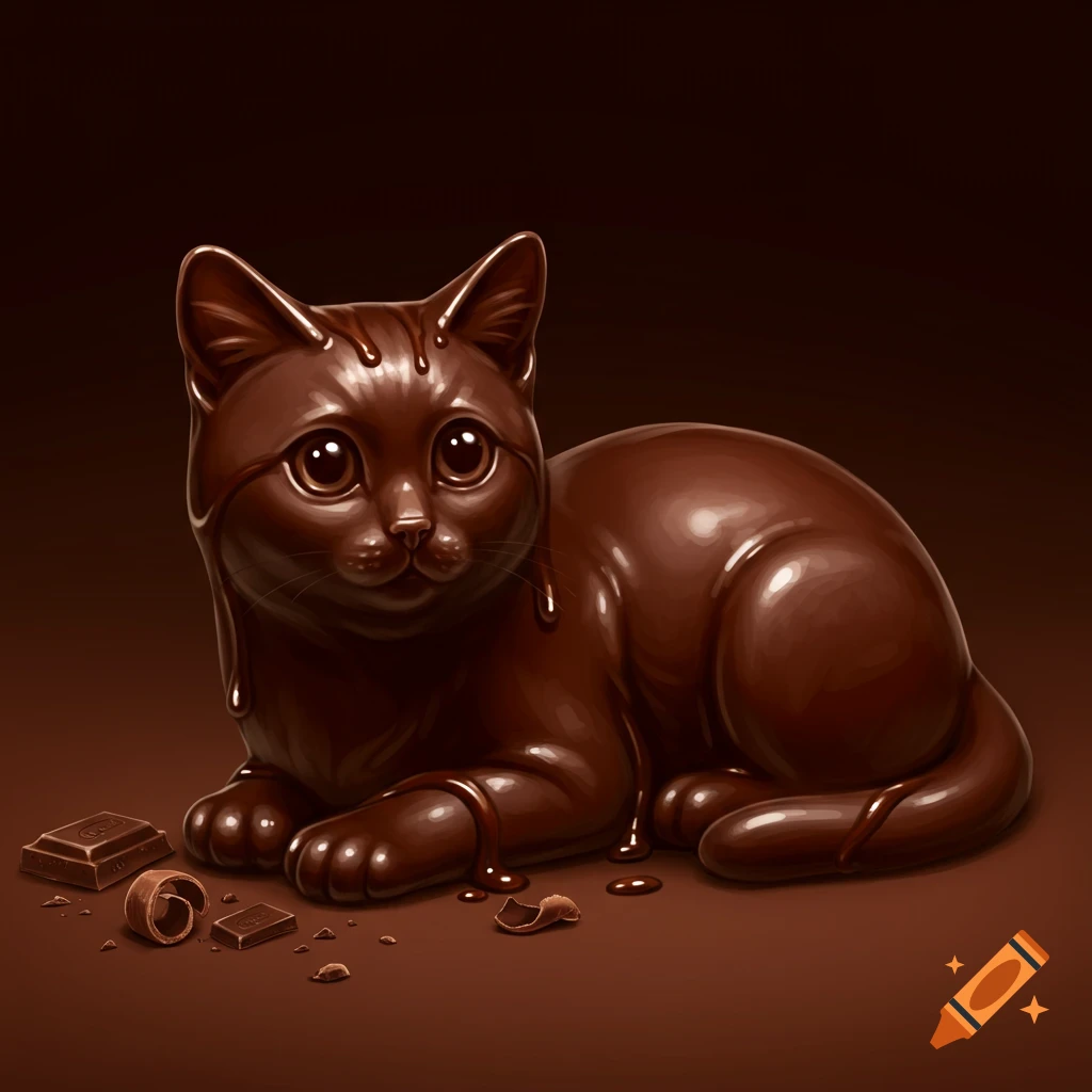 A cat figure made of melting chocolate with chocolate pieces.