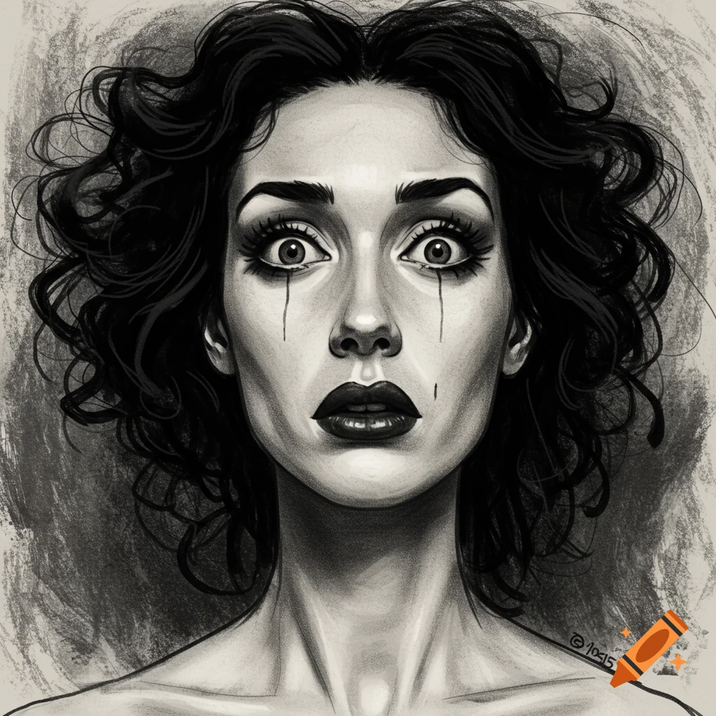 Black and white expressionistic charcoal portrait of a woman with wide eyes and tear streaks.