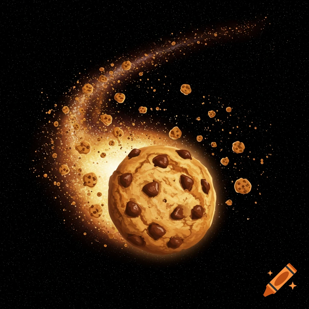 A chocolate chip cookie depicted as a comet streaking through space.