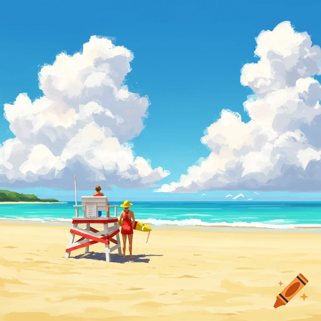 Two lifeguards stand on a beach near a stand. In the background, there are clouds in a blue sky and the ocean.