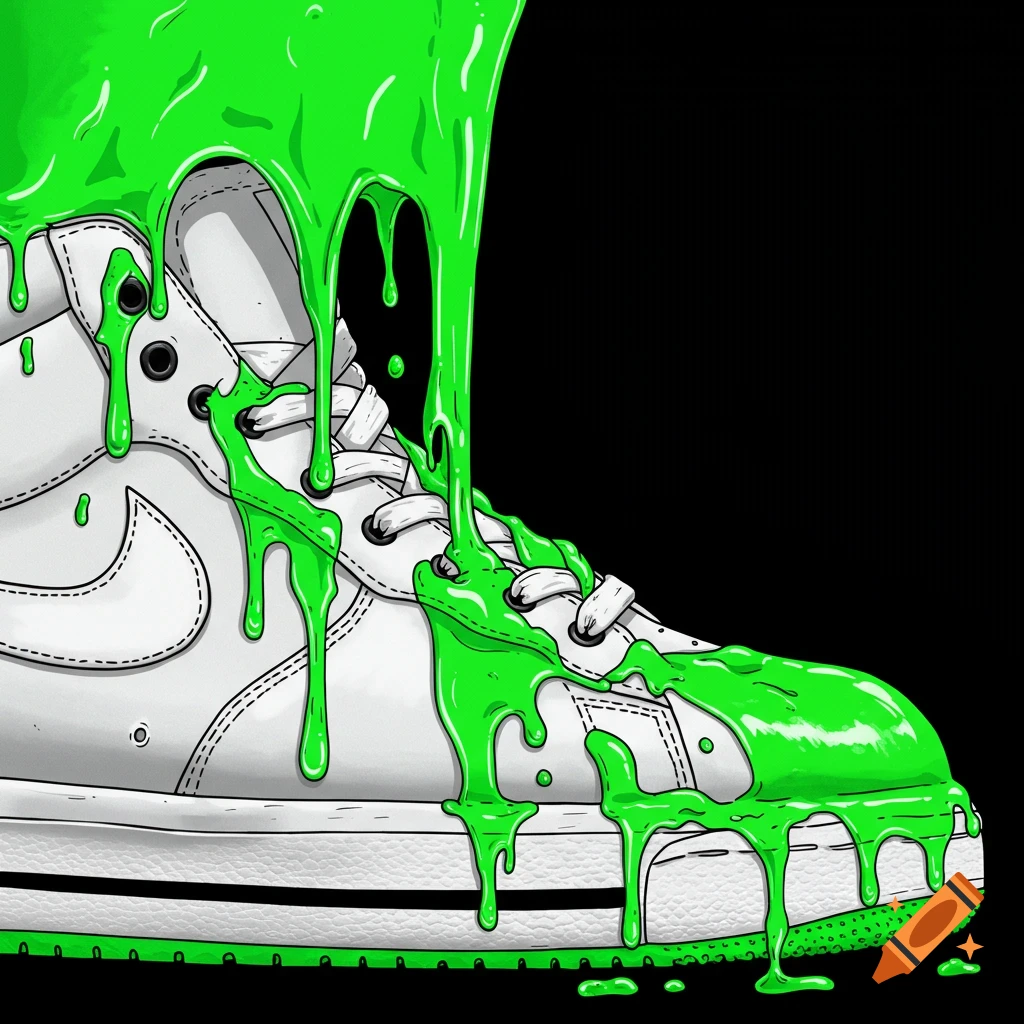 Digital illustration of a white high-top shoe covered in bright green slime dripping down its sides.