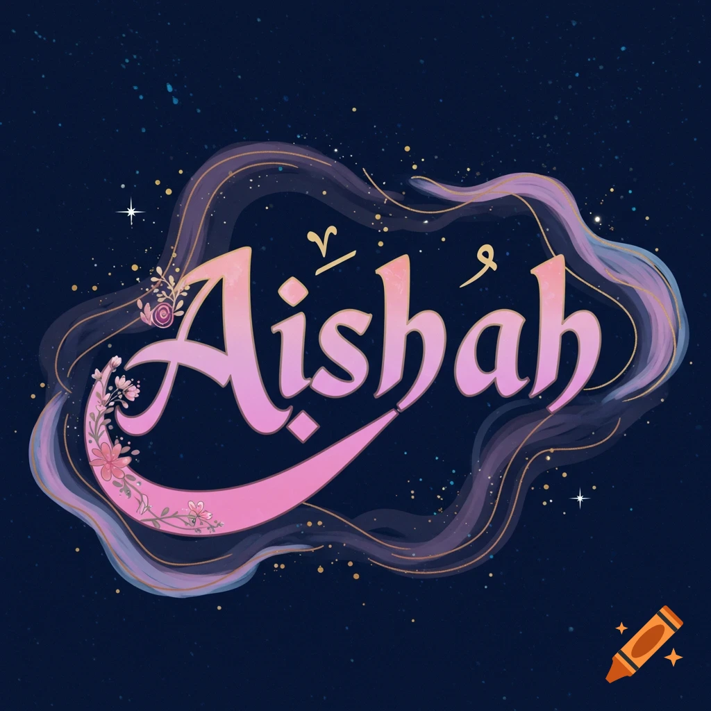 Stylized pink lettering spells 'Aishah' with flowers and atmosphere on a starry background.