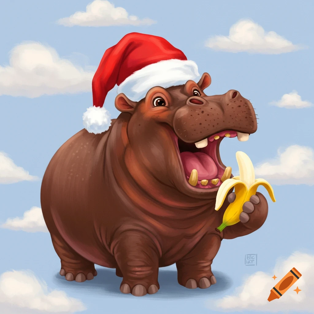 A cartoon hippo wearing a Santa hat eats a banana.