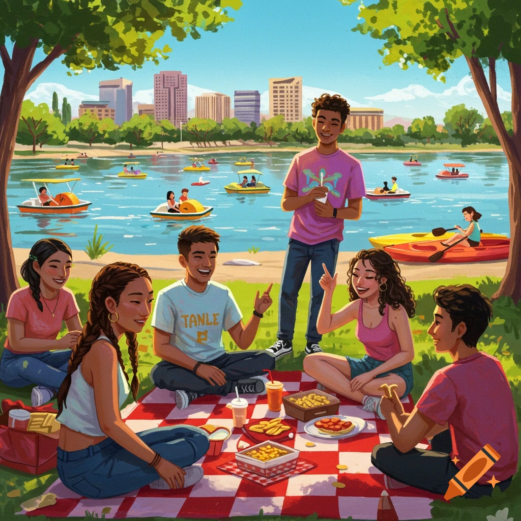 Friends having a picnic by a lake with boats and city skyline.