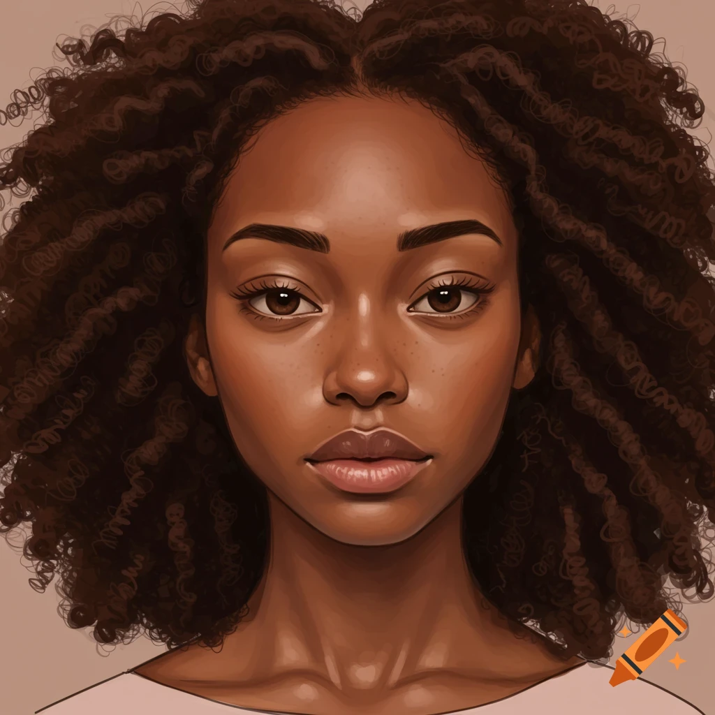 A woman with milk chocolate skin, curly hair, and freckles.