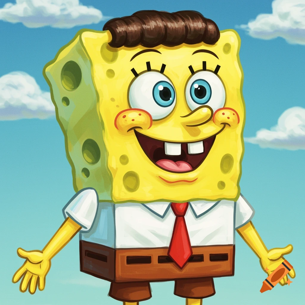 A human-like SpongeBob SquarePants is smiling against a blue sky.