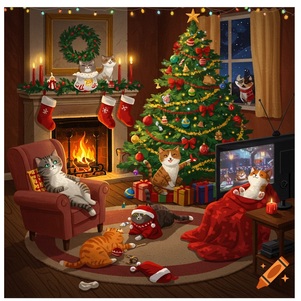 Cats celebrating Christmas in a cozy living room.