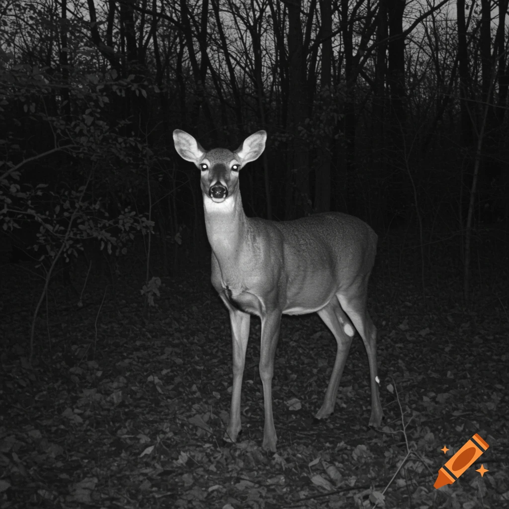A black and white trail camera photo shows a deer looking directly at the camera in a dark forest.
