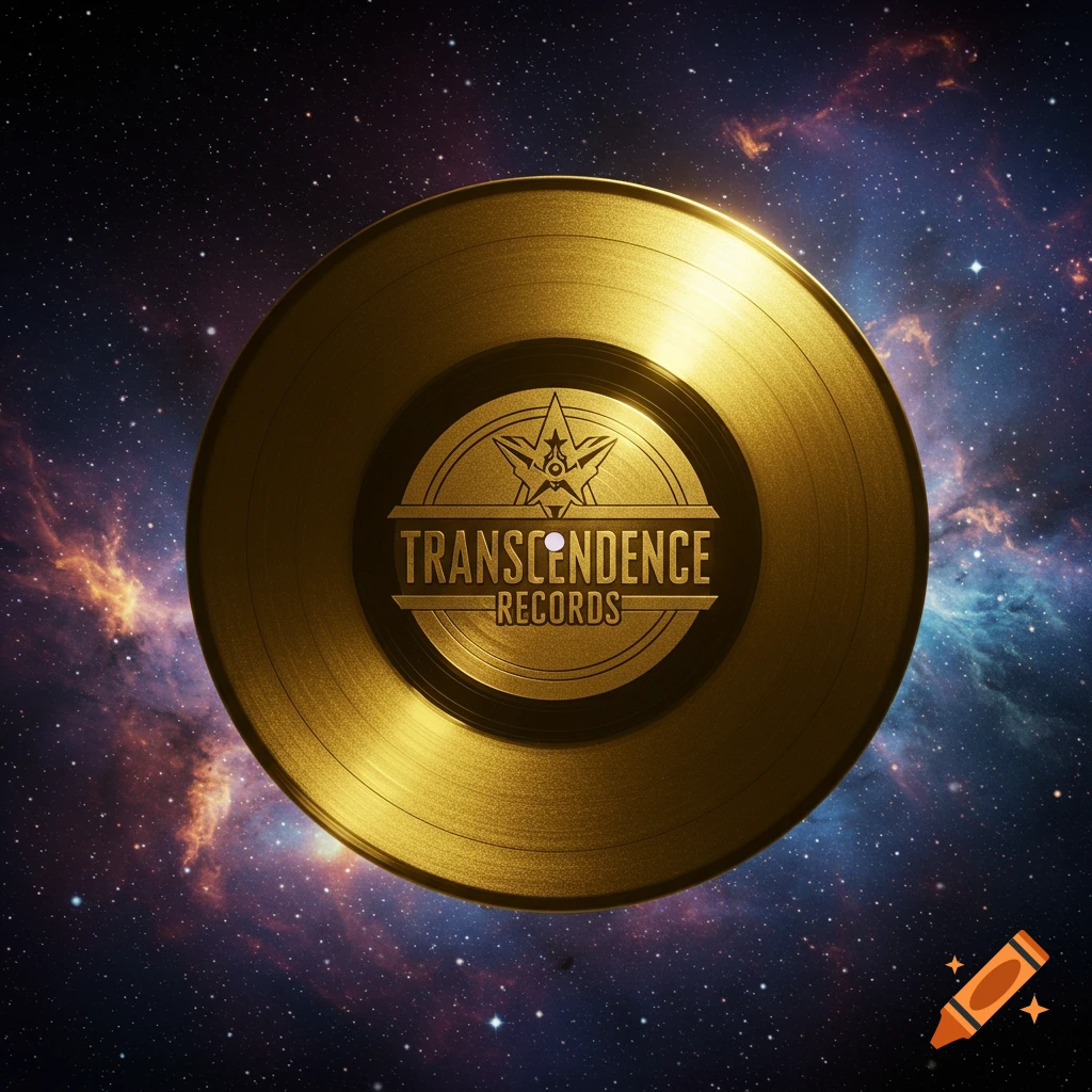 A golden vinyl record with the label 'Transcendence Records' floats in a vibrant space background filled with stars and nebulas.