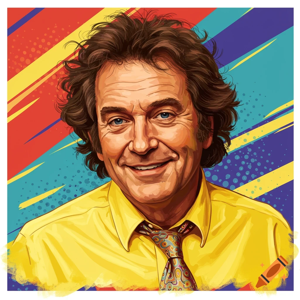 A smiling man in a yellow shirt and tie against a colorful abstract background.