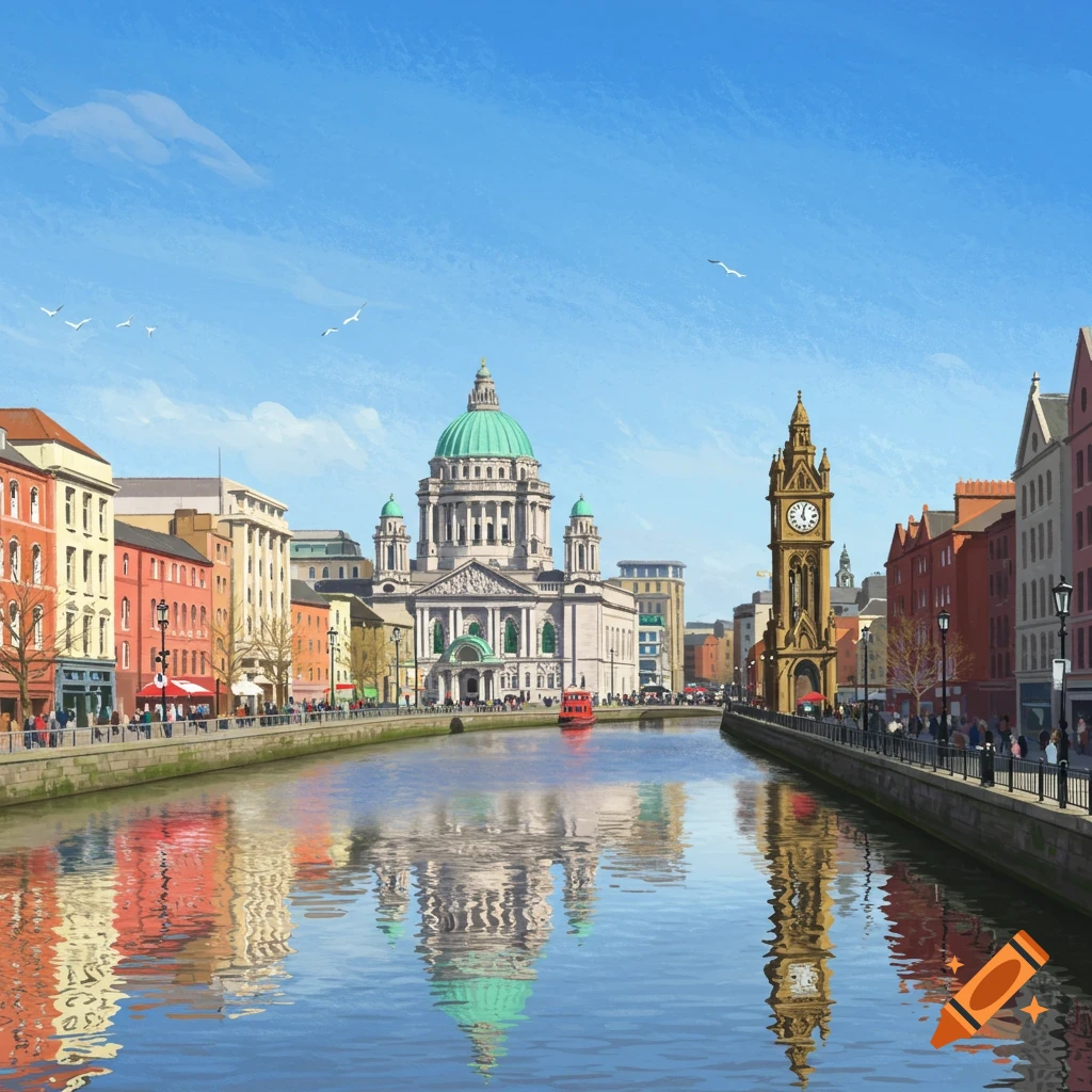 Belfast cityscape with a river, buildings, clock tower, and reflections under a sunny sky.