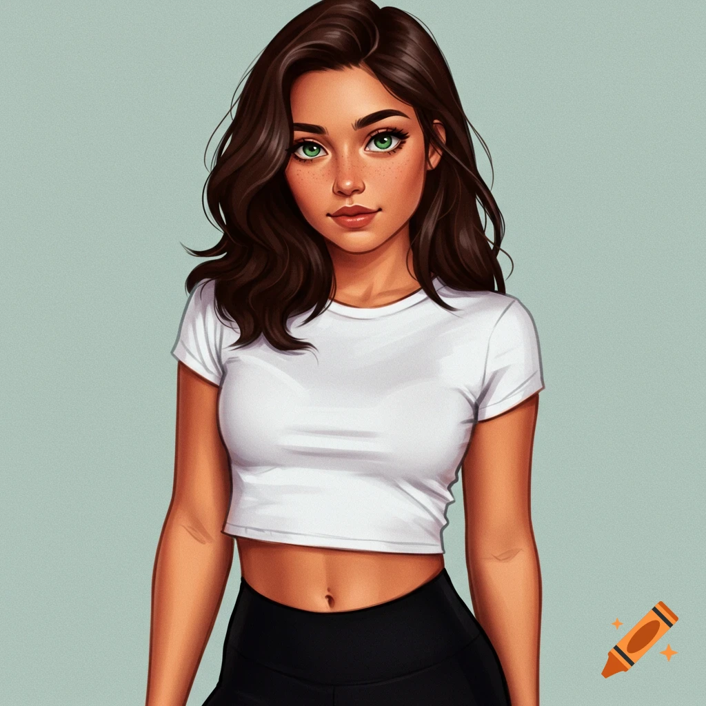 A young woman with green eyes in a white crop top and black leggings.