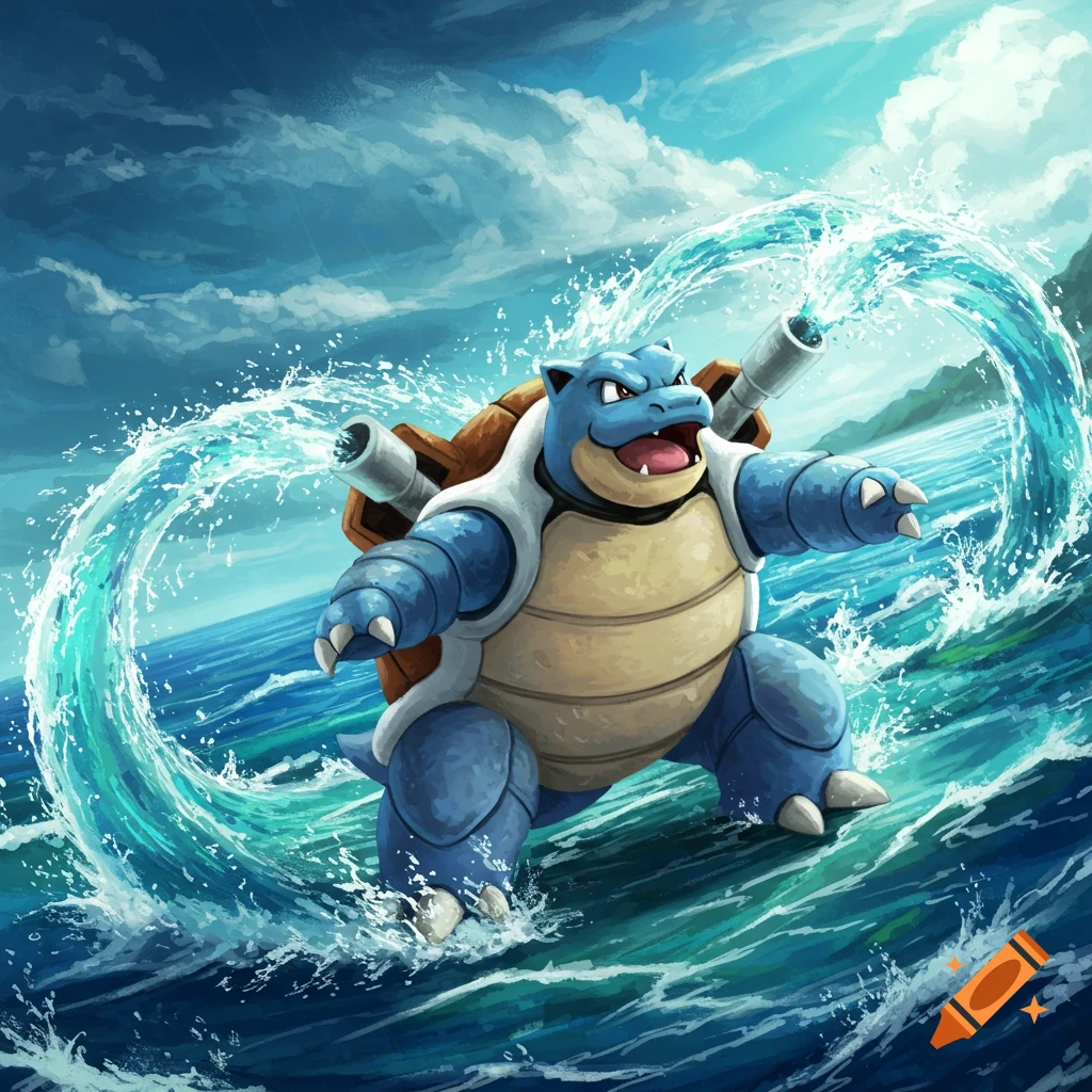 Blastoise shooting water cannons in the ocean.