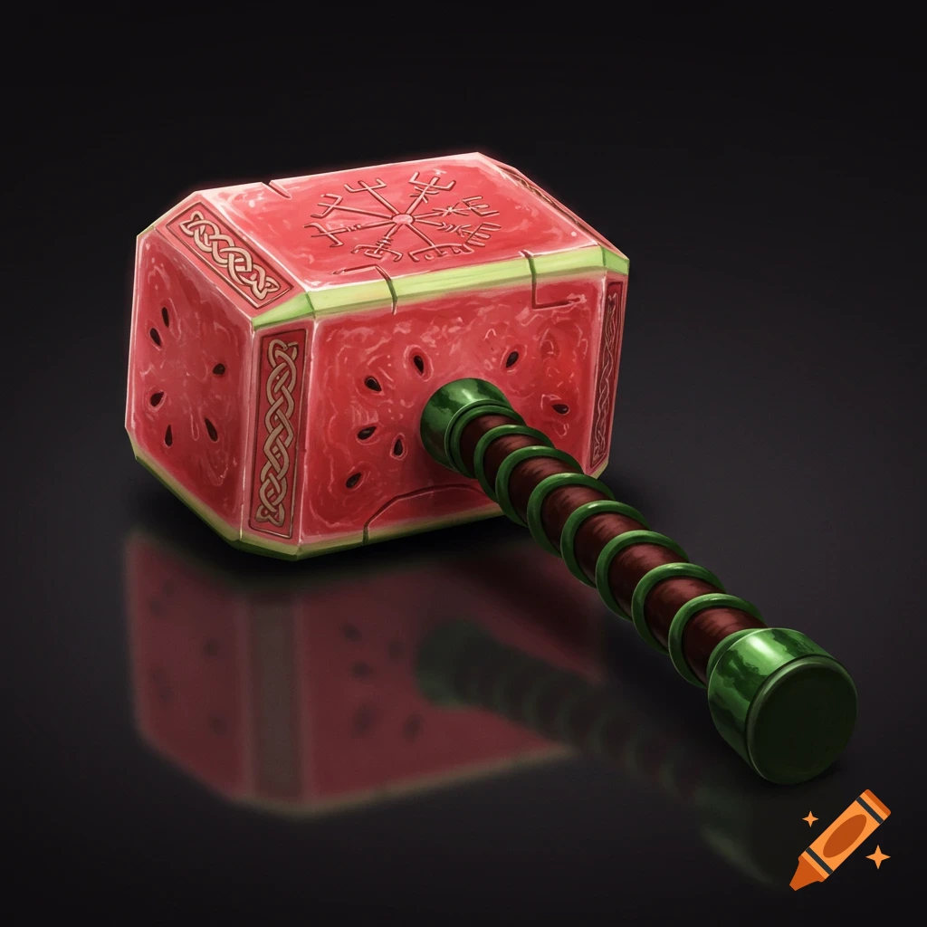 A hammer with a head shaped like a watermelon and a green handle.