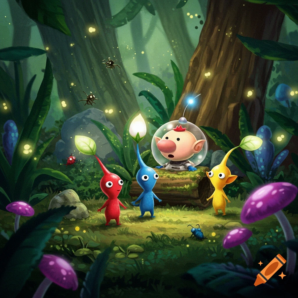 Pikmin characters and Captain Olimar in a glowing forest