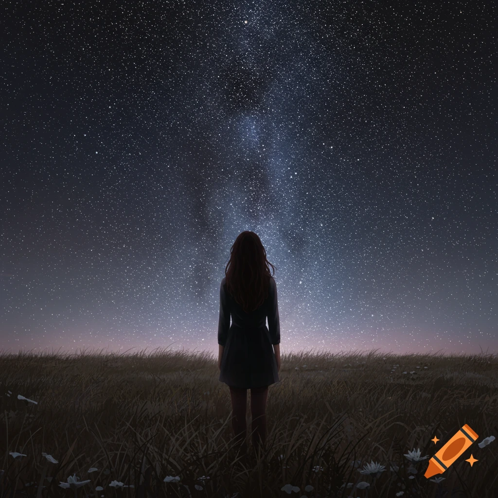 A person stands in a field looking up at a starry night sky with the Milky Way visible.