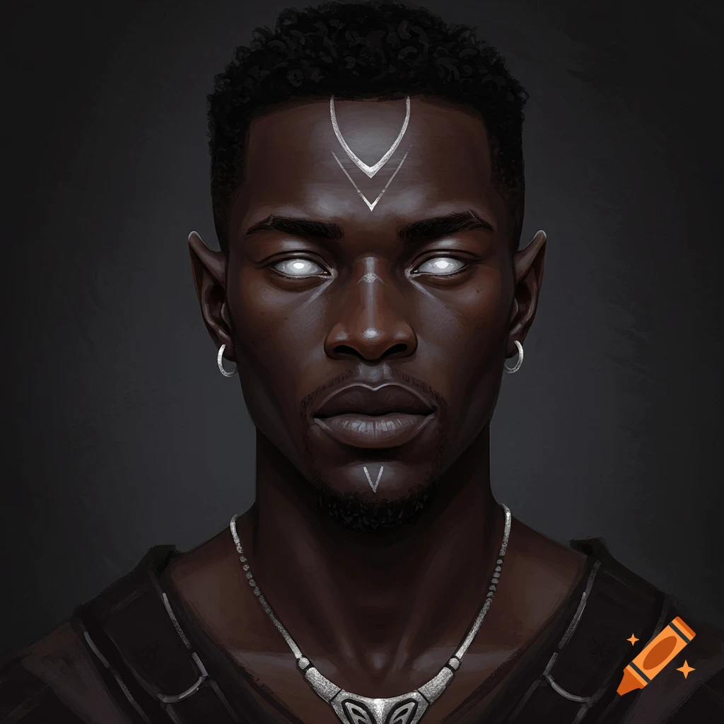 Portrait of a Black man with glowing silver eyes and silver facial markings.