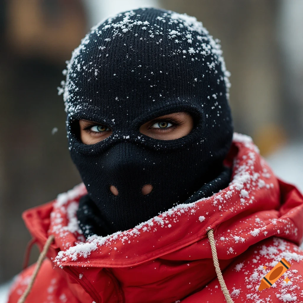 Close-up portrait of a person wearing a black ski mask and red jacket covered in snow.